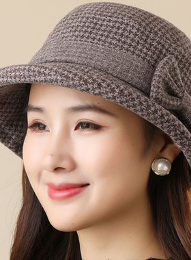 秋冬季妈妈加厚帽子奶奶礼帽毛呢盆帽中老年老太太春秋洋气渔夫帽