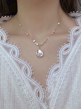 花瓣珠 天然巴洛克珍珠锁骨链蕾丝裙子百搭时髦优雅感项链女锁骨