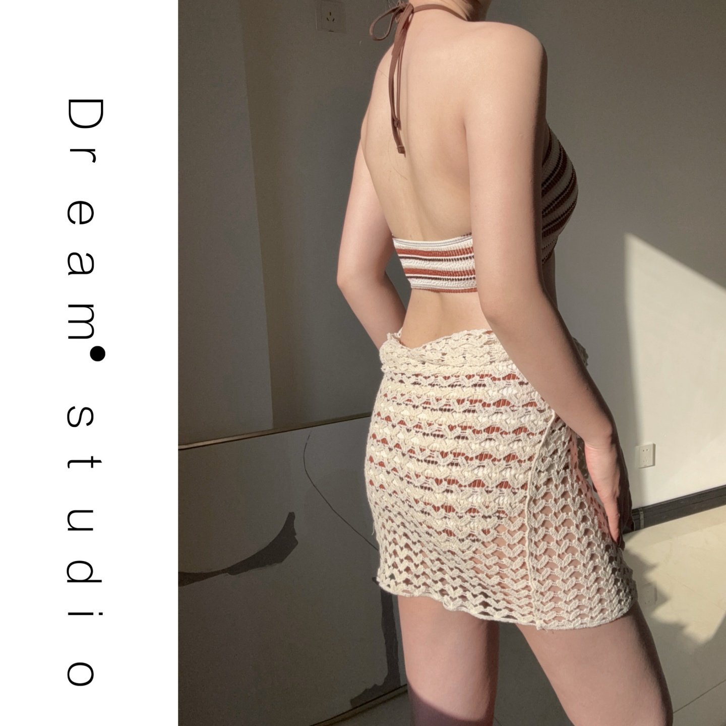 蜜Dream泳衣女慵懒条纹比基尼三件套针织镂空罩衫分体露肩显瘦装,淘宝优惠券,粉丝福利购,淘宝优惠卷