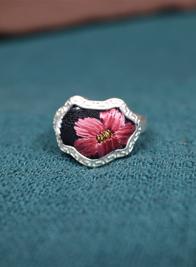 复古老绣蓝染花朵开口戒指女款