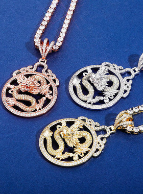 wish跨境欧美复古个性中国风真龙吊坠满锆石项链饰品 项链男女