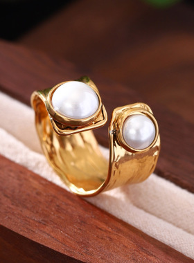 欧美不锈钢珍珠夸张女士戒指感小众ins指环钛钢不掉色首饰品