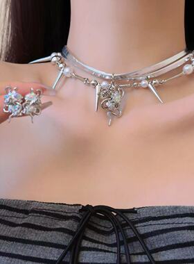 甜酷辣妹皮质滴油骷髅灵蛇玫瑰项链女朋克choker小众耳饰锁骨链潮