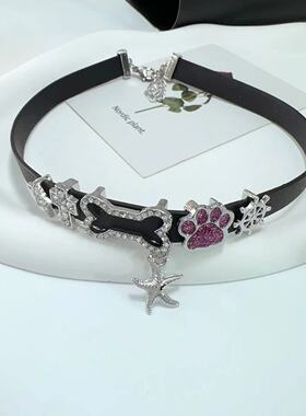 甜酷朋克风海星吊坠镶钻猫爪五角星十字架骨头皮质锁骨链项圈