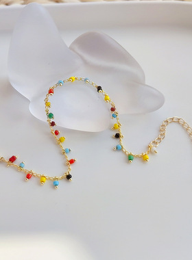 小众网红款ins波西米亚百搭串珠不掉色铜镀金彩色米珠手链女欧美