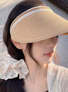 出口日本单 夏防晒UV紫外线 手工编织字母织带发卡式空顶拉菲草帽
