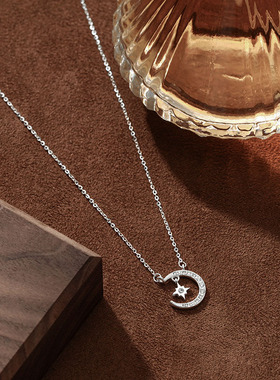 S999纯银足银星月项链女森系ins冷淡风月亮锁骨链网红潮项链韩版
