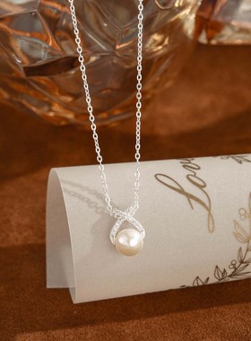 s999纯银足银镶钻交叉天然珍珠项链女款轻奢设计感锁骨链颈链