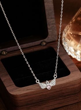 S999纯银足银天使之翼项链ins皇冠爱心吊坠女爆款粉色情人节锁骨