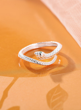 S999纯银足银时尚银蛇指环食指灵蛇生肖蛇本命年潮人开口戒女款