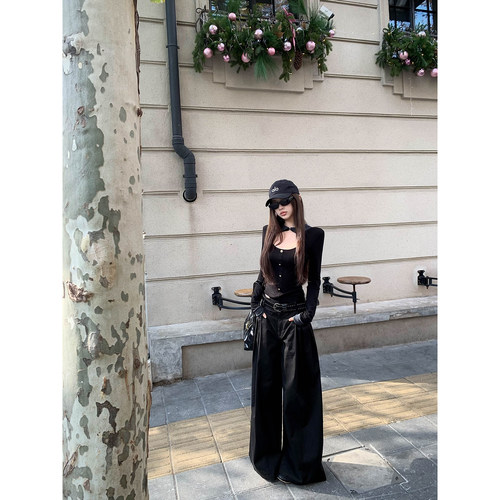 Thas9i九亿 设计感打褶挺括宽松直筒工装裤女休闲阔腿黑色伞兵裤 - 图1