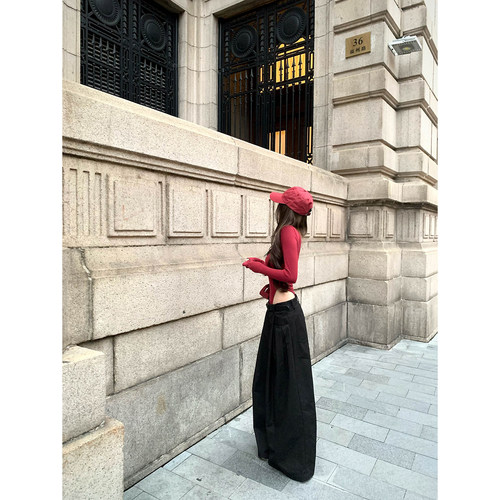 Thas9i九亿 设计感打褶挺括宽松直筒工装裤女休闲阔腿黑色伞兵裤 - 图3