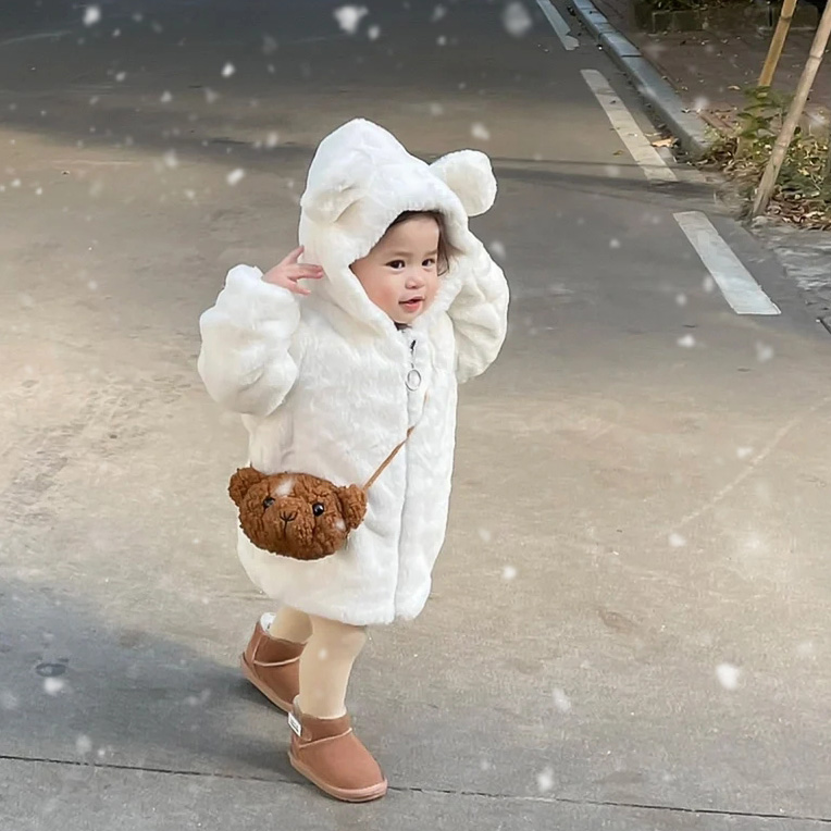 儿童皮草外套仿兔绒加绒加厚棉衣韩女童连帽外套小宝宝中长款冬季