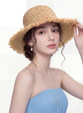 2026新款春夏手工钩针拉菲草帽女大檐草编渔夫帽户外防晒遮阳帽子