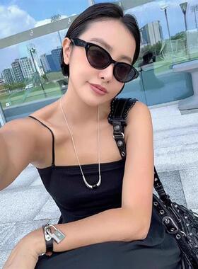 黑玛瑙弯月长款项链轻奢小众设计银色毛衣链简约欧美风格女饰品