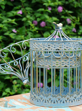 花园做旧鸟笼2件套 镂空铁艺小鸟花架 园艺杂货橱窗陈列道具包邮