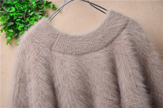 Khaki puff sleeves thickened loose pullover stripes