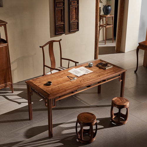 觅见东方新中式明式黑胡桃实木茶室书房禅意家具茶桌书桌茶台桌椅 - 图0