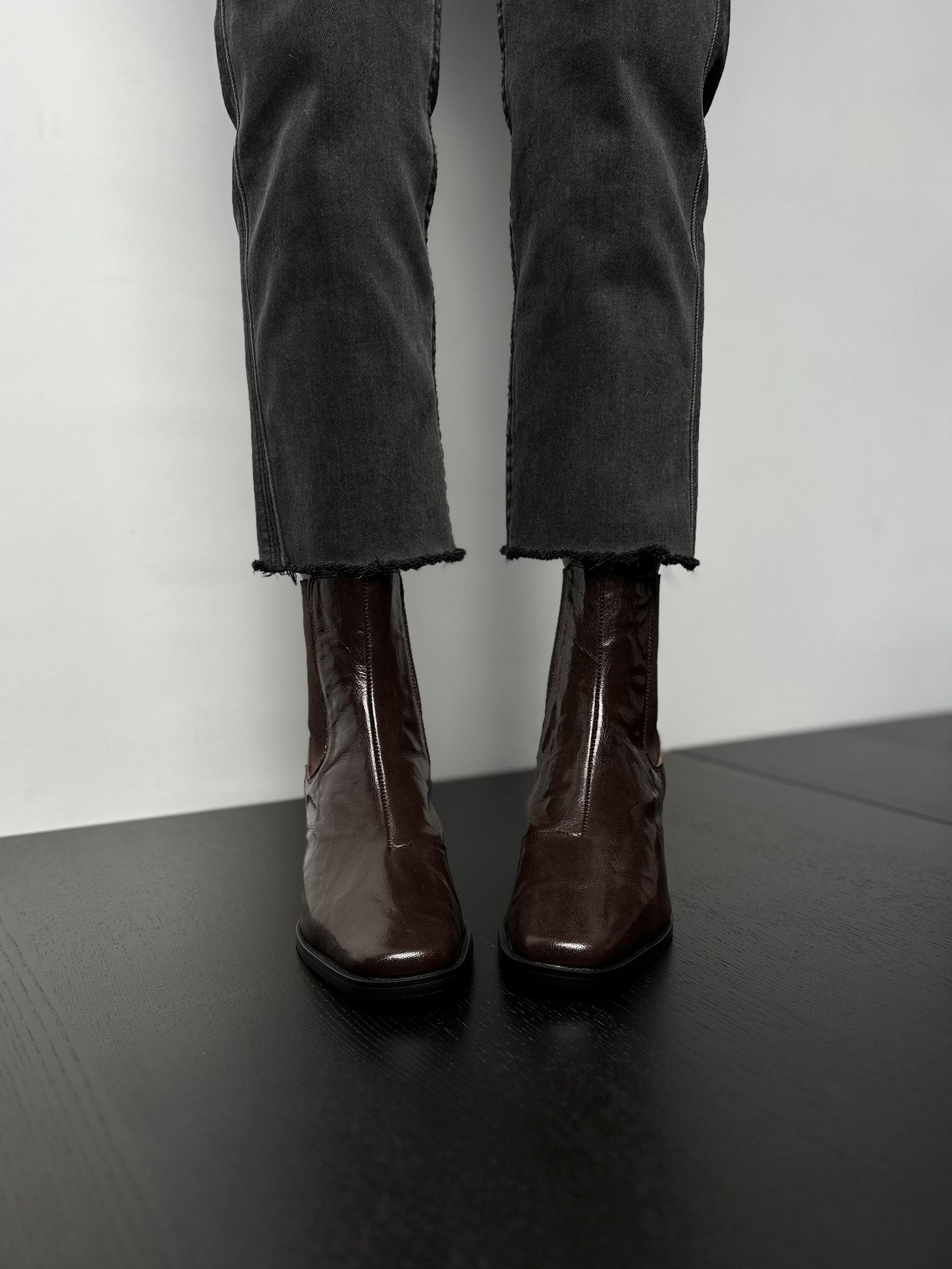 Fermina 【拉链版】黑色粗跟短靴女方头切尔西靴全皮2023秋冬高跟 - 图0