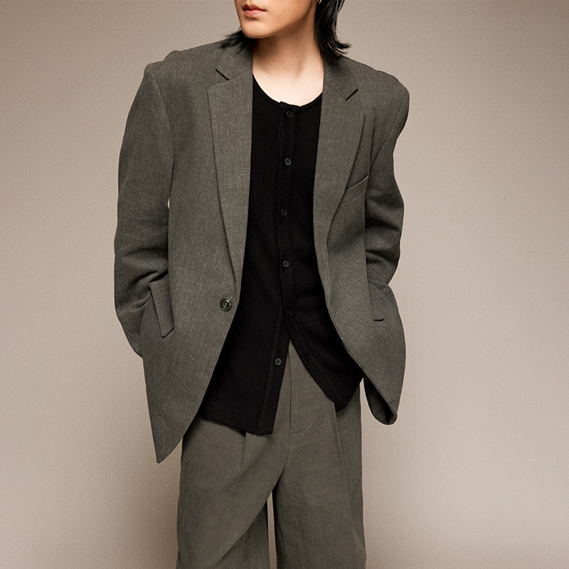 三木公白 复古做旧西装男高级感宽松潮流 休闲斜纹痞帅外套小众,淘宝优惠券,粉丝福利购,淘宝优惠卷