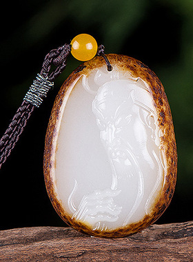 天然阿富汗玉关公吊坠羊脂白带红皮籽料武财神挂件男女款玉石项链