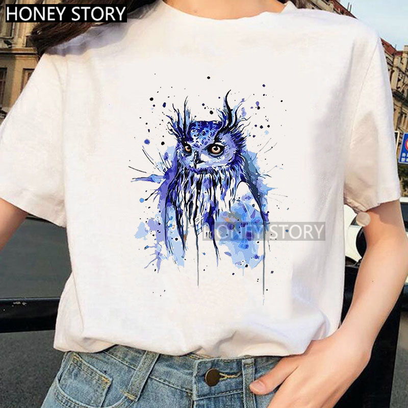 Fashion Watercolor Owl Aesthetic Women T-shirt猫头鹰女士T恤-图3