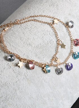 Female colored diamond 5-pointed star multi-layer anklet set