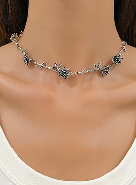 retro black necklace rose neck chain short choker 玫瑰锁骨链