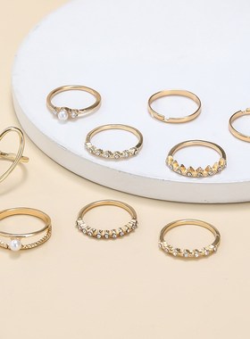 female temperament new fashion joint ring set 爱心珍珠戒指女