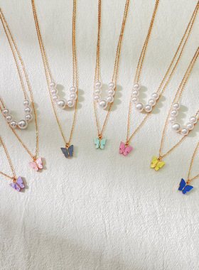 elegant double layer butterfly pearl necklace woman jewelry