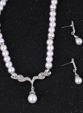 Hot-selling Alloy bride Pearl Necklace Earring Set 项链耳环