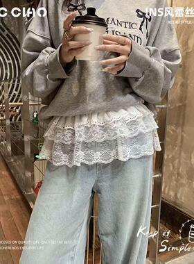 春夏芭蕾风~蕾丝屁帘花边叠穿神器高级系带蓬蓬裙蹈休闲牛仔裤裙