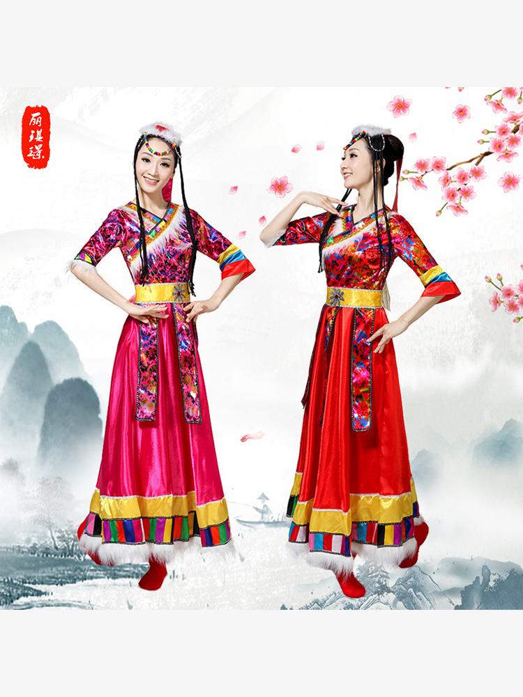 藏族舞蹈演出服装女成人水袖演出服长裙藏族舞民族服装表演服饰-图2