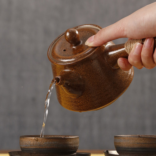 粗陶侧把壶功夫茶具家用单个茶壶小陶瓷日式煮茶炉复古手抓泡茶器 - 图0