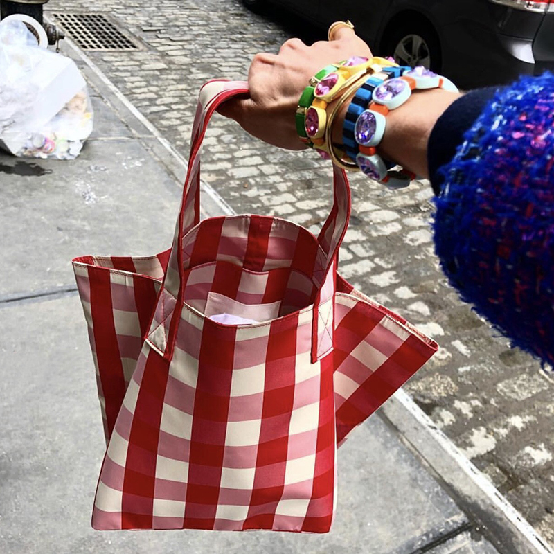 QJBY欧美包包2024新款潮牌简约格子纹百搭托特包大容量手提购物袋 - 图1