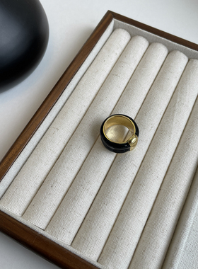 法式珐琅黑金拼色指环戒指