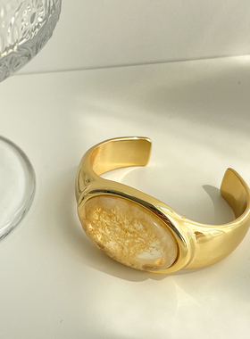 LJW 小众设计椭圆天然水晶手镯开口可调节宝石镶嵌手环重工新中式