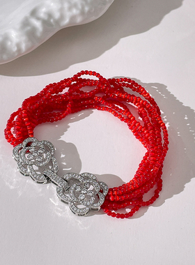 LJW 人造猫眼石绿珠红珠手链项链多层vintage多种戴法复古饰品女