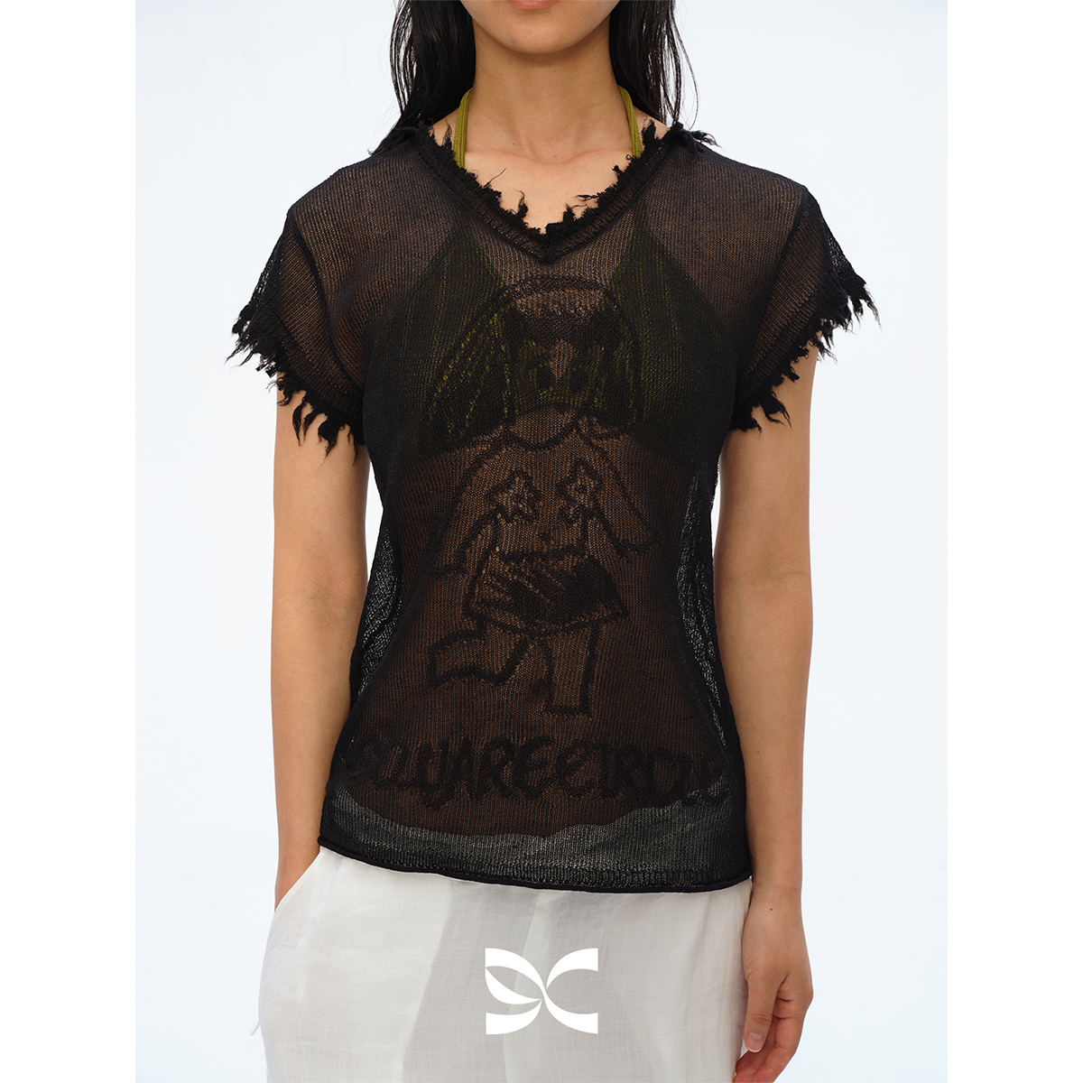 Square Circle 方圆艺术家联名奔跑女孩不规则毛边针织短袖上衣 - 图0