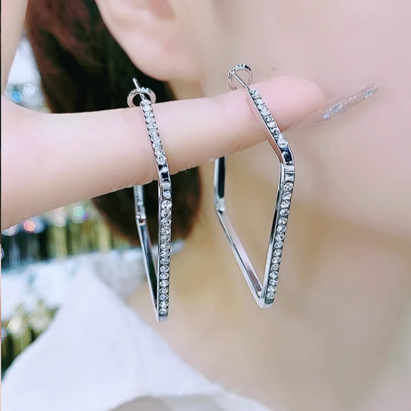 高级感几何方形轻奢大耳圈2023新款爆款纯银针镶钻菱形耳环女耳饰 - 图0