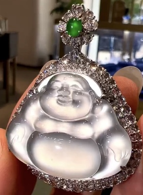 新中式高冰白玉髓佛公吊坠项链镶嵌白金玛瑙S925银饰翡翠锁骨链女