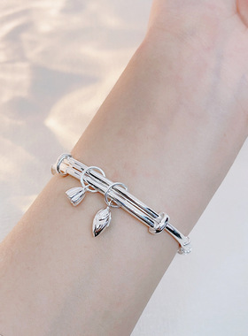 正品繁花足银999纯银手镯女莲蓬莲子实心小众镯子七夕礼物送女友