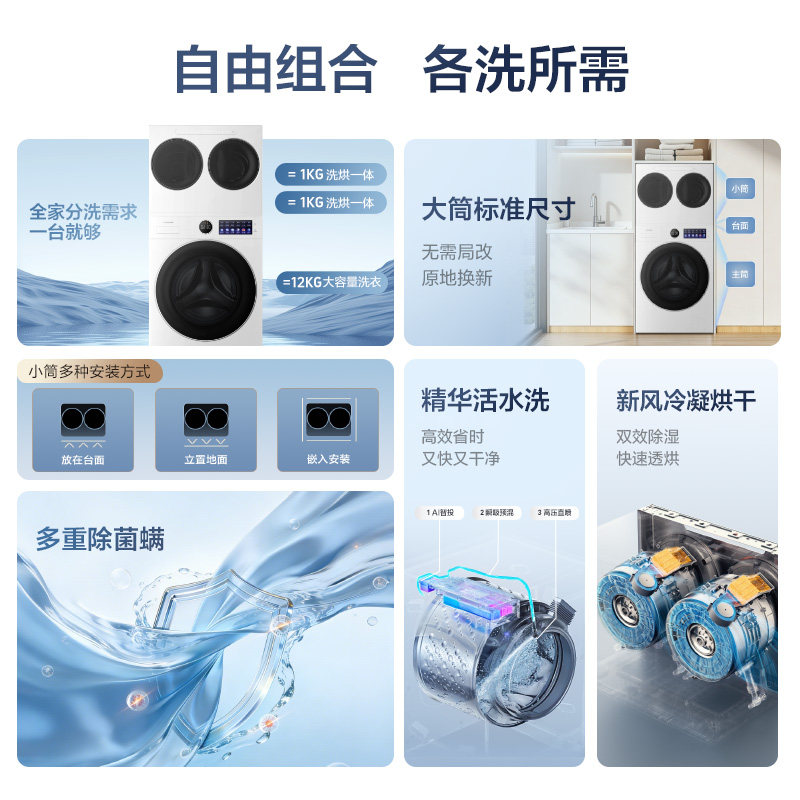 海信大薄荷2.0E5S全家筒14kg三筒洗衣机母婴内衣袜子洗烘一体套装