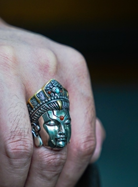 渡鸦默物机械飞升佛头手工银戒指