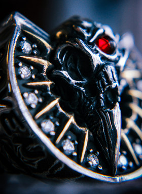 渡鸦原创暗黑乌鸦头骨马蹄银戒指