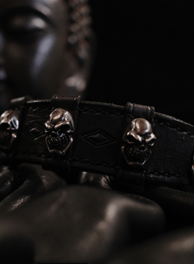 渡鸦欧美原创纯银骷髅手工皮手环