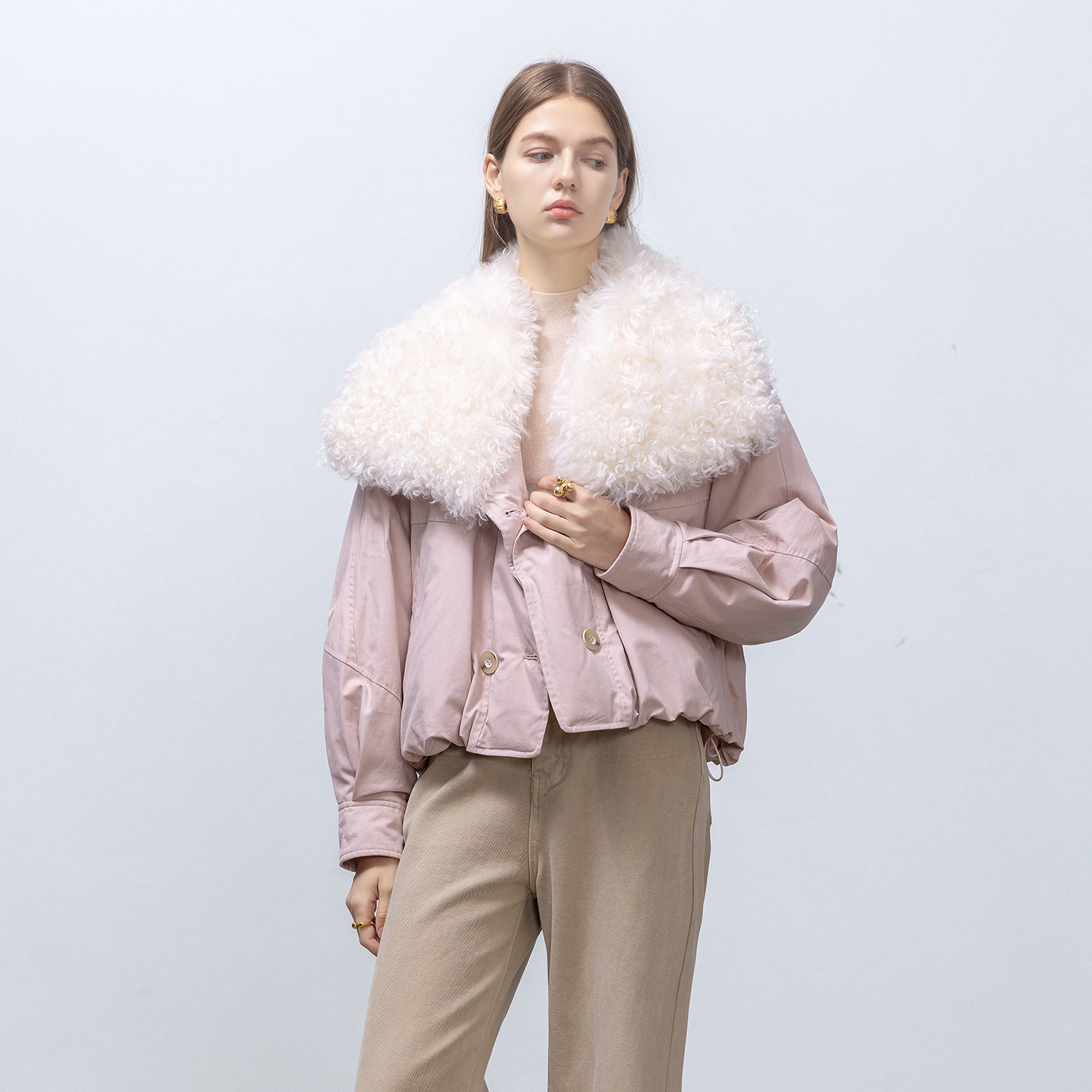 GHJOD studio 胎羊卷毛皮毛一体90白鹅绒羽绒服宽松休闲派克服女,淘宝优惠券,粉丝福利购,淘宝优惠卷