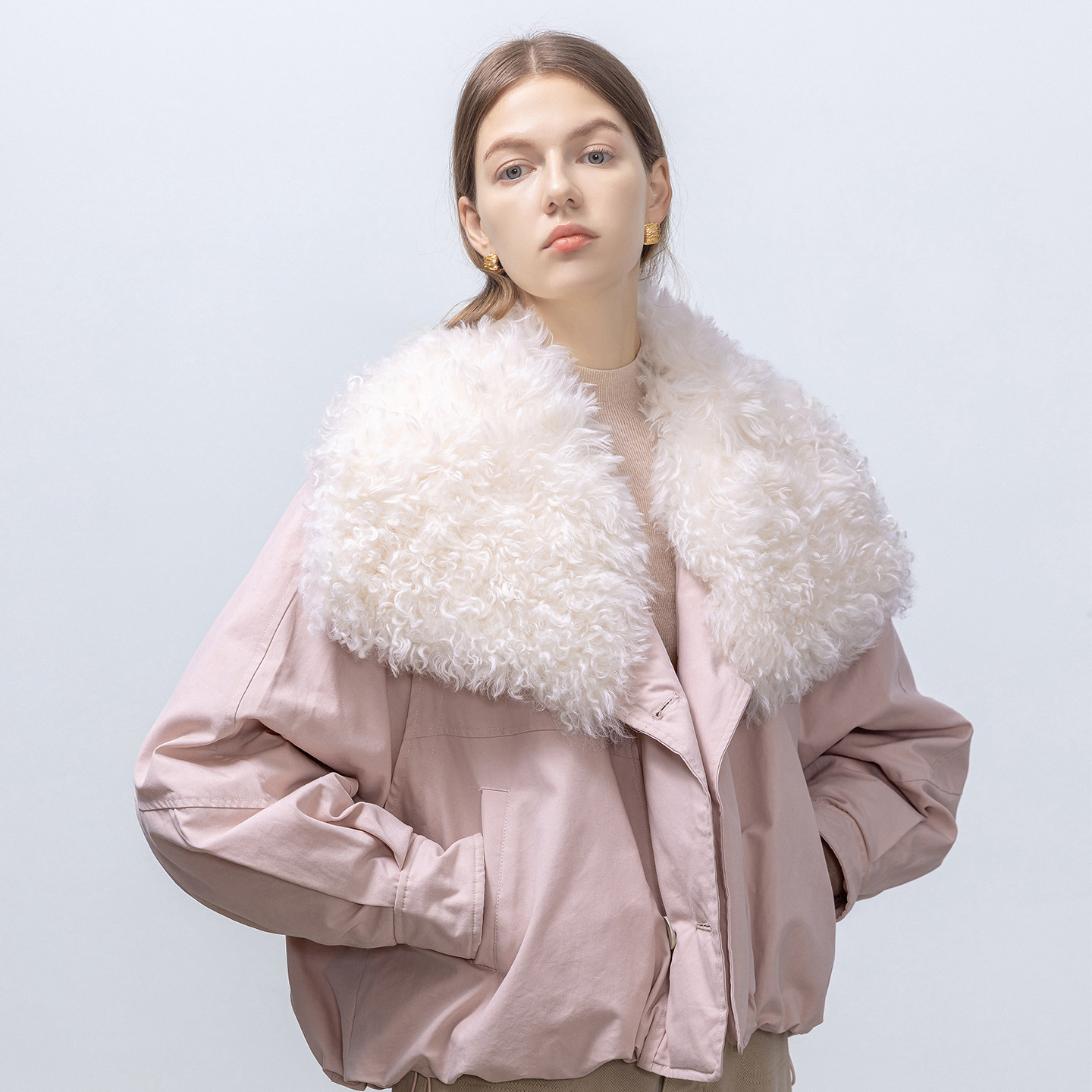 GHJOD studio 胎羊卷毛皮毛一体90白鹅绒羽绒服宽松休闲派克服女,淘宝优惠券,粉丝福利购,淘宝优惠卷