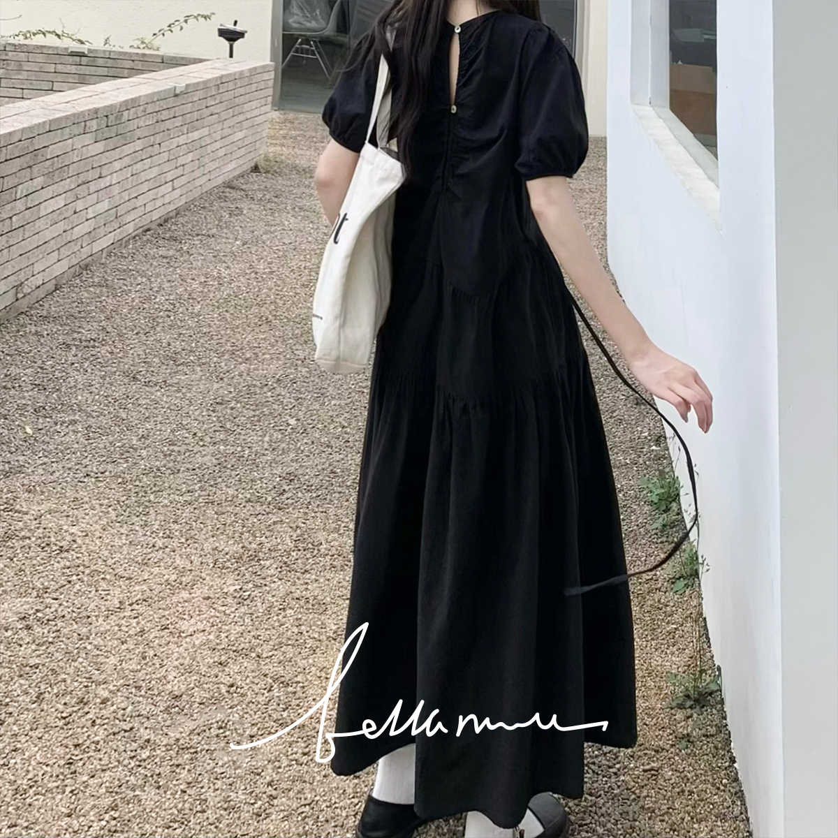 【BM4.11新品】魔女小黑裙后背镂空圆领短袖裙夏季遮肉显瘦连衣裙