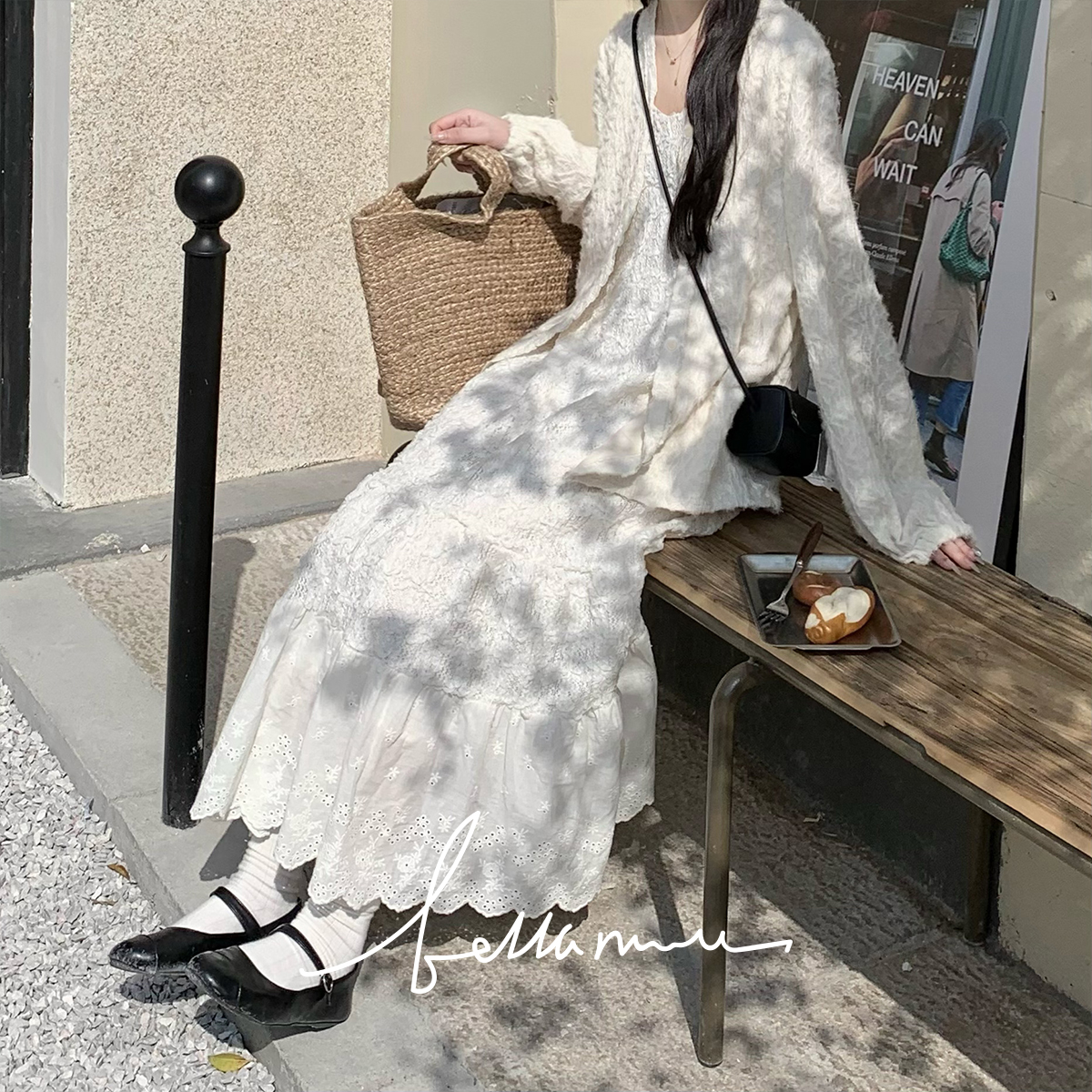 【BM3.7新品】白色蕾丝花花荷叶边吊带裙夏季度假百搭减龄连衣裙